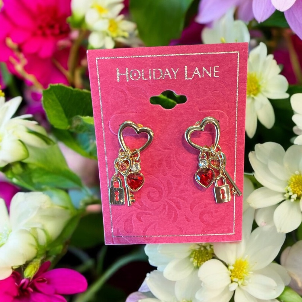 Heart Lock Earrings - Gold and Red